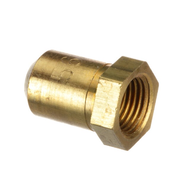 A close-up of a brass threaded nut with a hole in it.