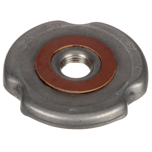 A Stero metal nut with a rubber washer on it.