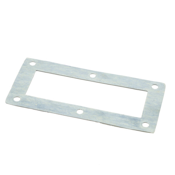 A rectangular white metal gasket with holes.