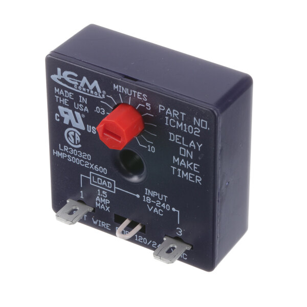 A small black and red True Refrigeration time delay relay with a red button.