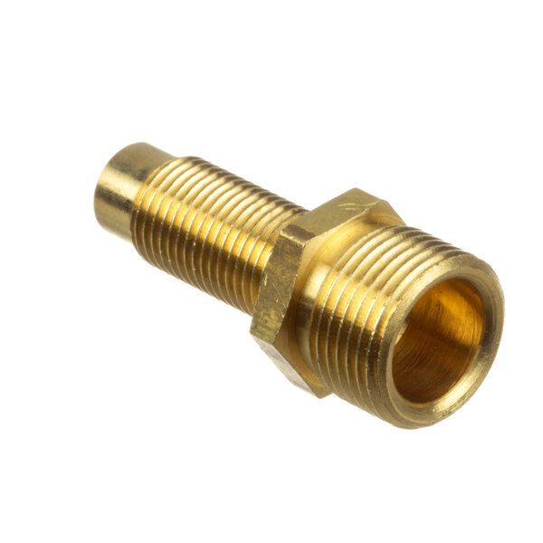 A close-up of a brass pipe with a threaded male connector.