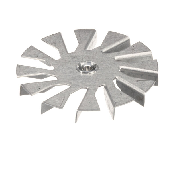 A metal circular Delfield fan blade with a hole in the center.