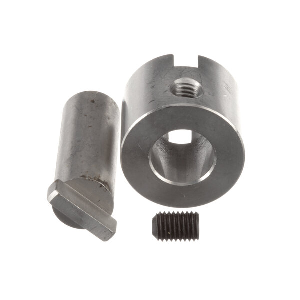 A stainless steel nut and bolt with a screw used in an Antunes Butter Wheel Kit.