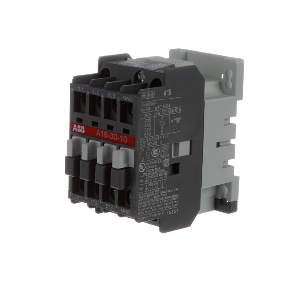 A grey and black electrical contactor with white switches.