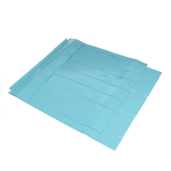 A blue plastic wrapper with white tape featuring "Champion Curtain 24 X 27.25" in white text.