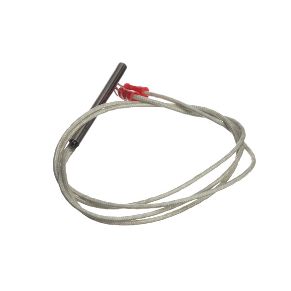 A white wire with a metal rod and a red connector on the end.