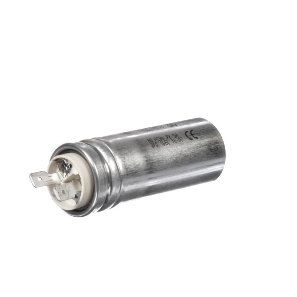 A silver metal cylindrical Bizerba capacitor.