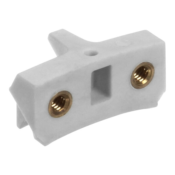 A white plastic Hobart shoe connector with two gold screws.