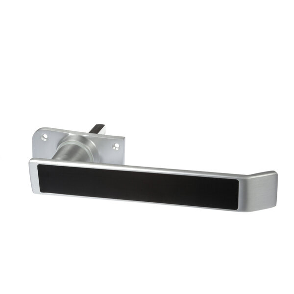 A Revent door handle assembly with a silver frame and black handle.