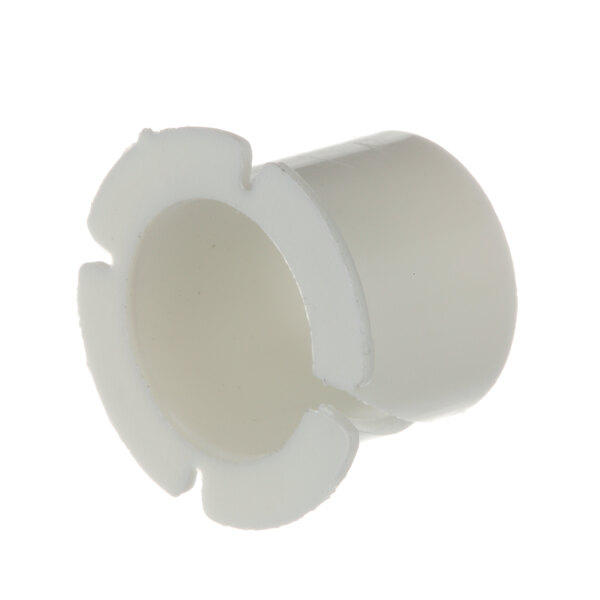 A white plastic flanged bearing with a hole.
