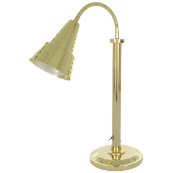 A Hanson Heat Lamps brass flexible freestanding heat lamp with a yellow flexible cable.