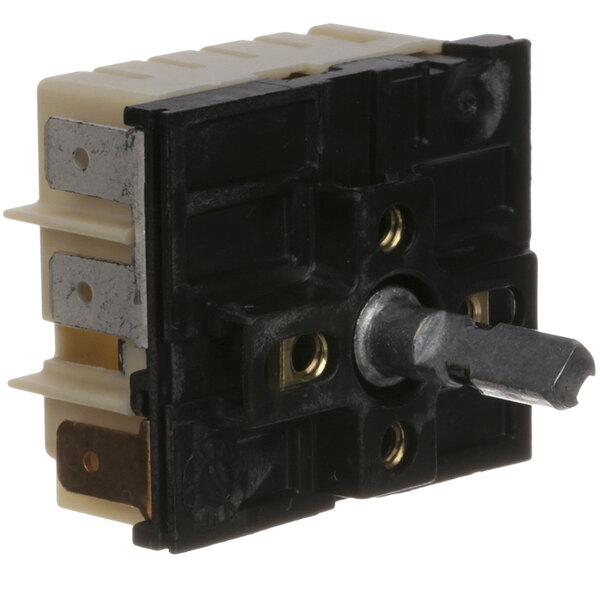 A black and white switch with a metal knob.