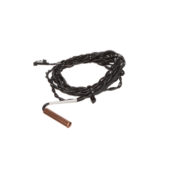 A black wire with a metal rod and a black cord attached to a copper tube.