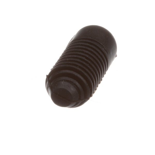A close-up of a black rubber screw with a round cap.