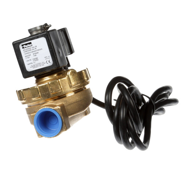 A brass Somat valve with a blue wire attached.