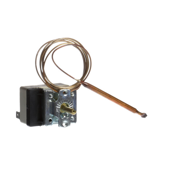 A Doyon Baking Equipment mechanical thermostat with a copper wire attached.