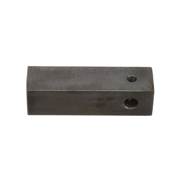A black metal rectangular counterweight with two holes.