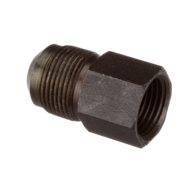 A black metal pipe adapter with a black nut.