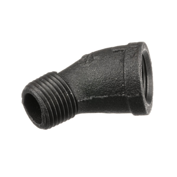 A black pipe fitting with a threaded end.