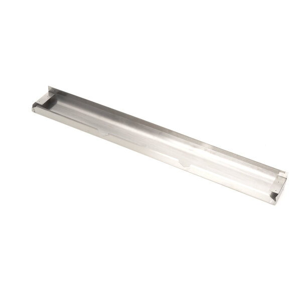 A stainless steel rectangular tray with a handle on it.