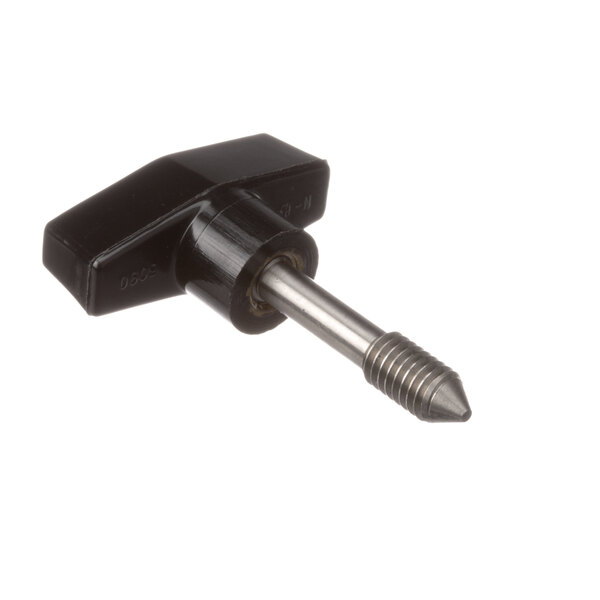 A black and silver metal screw with a black thumbscrew handle.