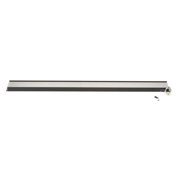 A long rectangular black and silver metal shelf with a black strip.