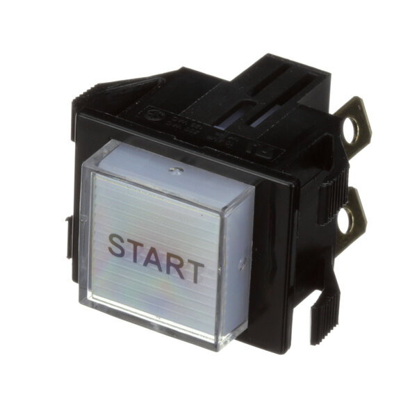 A black start button with a clear plastic cover.