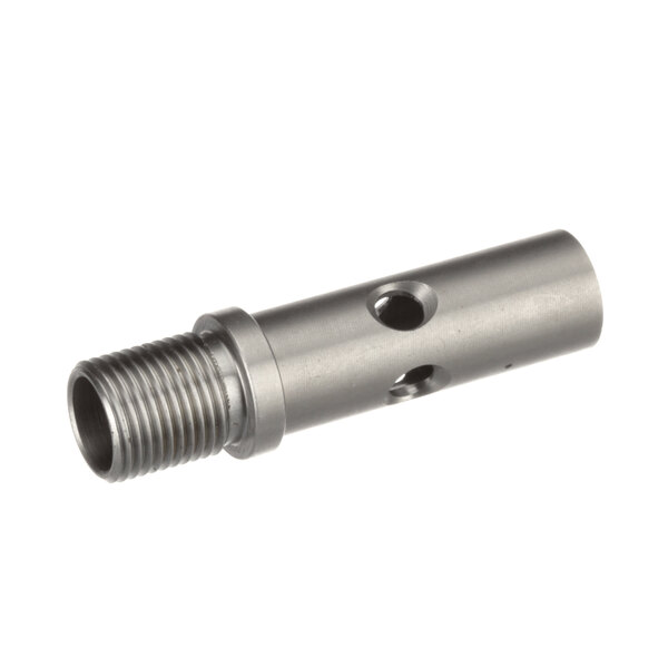 A metal cylinder with a threaded pipe and nut on the bottom.