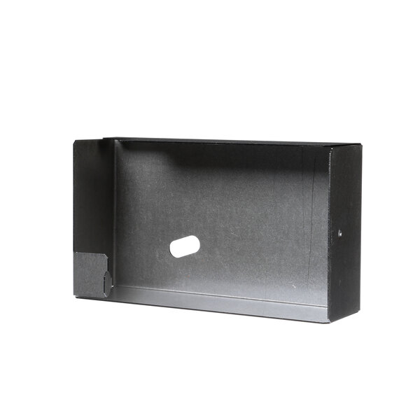 A black rectangular metal splash guard with a hole in it.