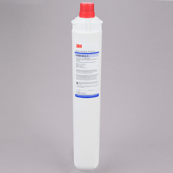 A 3M water filter with a white body and red cap.
