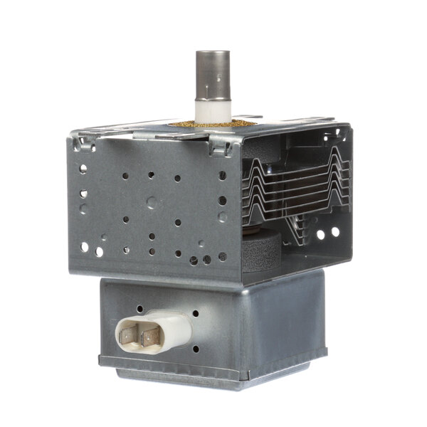 A close-up of a Panasonic 2M210-M1GL Magnetron, a metal square object with a metal tube.