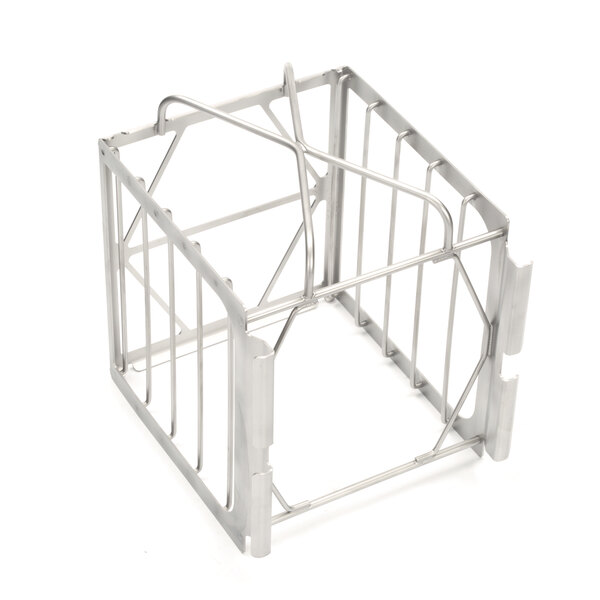 A metal cage with metal wire bars and a handle on it.