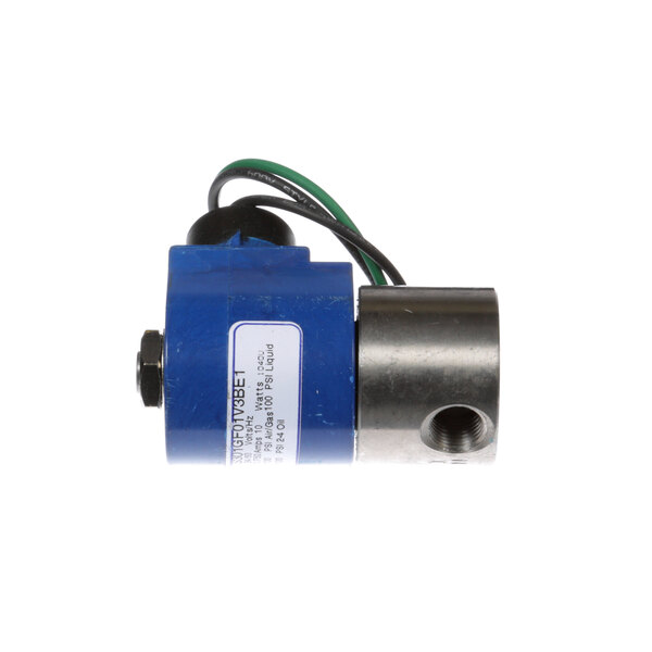 A blue and silver Frymaster solenoid valve with black wires.