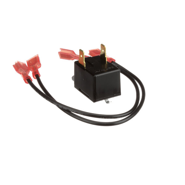 A black Cleveland electrical device with red wires on a black square.