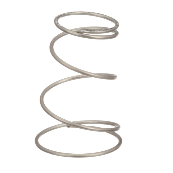 A close-up of a metal spring with a spiral design on a white background.