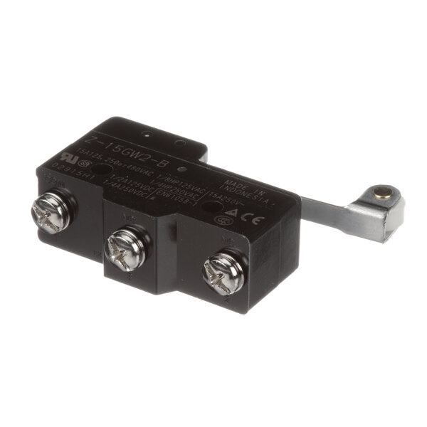 A black Globe Microswitch with two wires and screws.