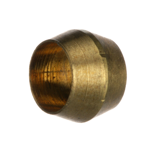 A brass washer with a circular shape and a threaded hole.