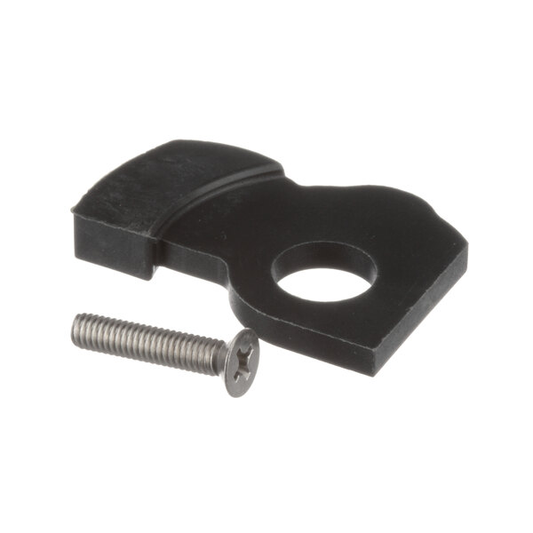 A black plastic piece with a screw and a bolt.