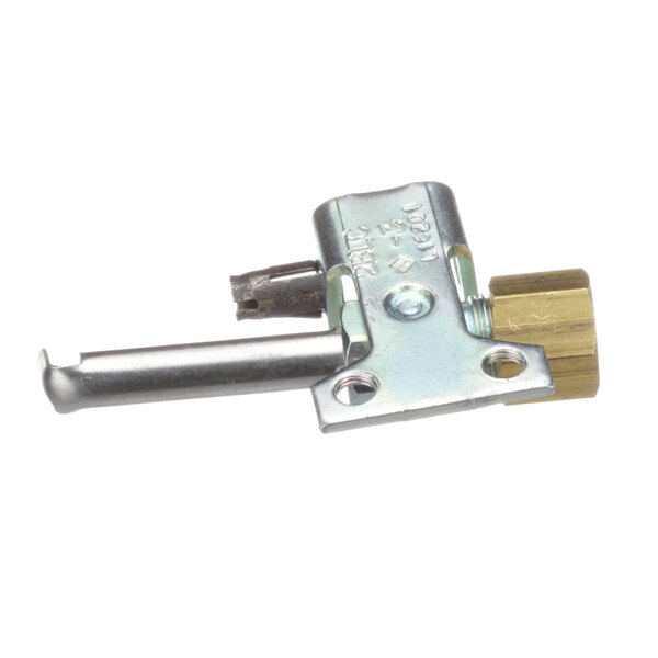 A metal tool with a brass handle and metal latch.