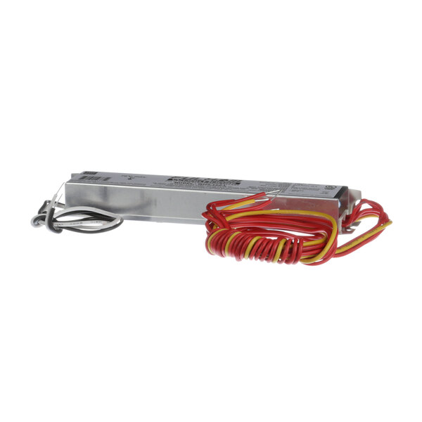 A close up of a white Master-Bilt electronic ballast with red and yellow cords.