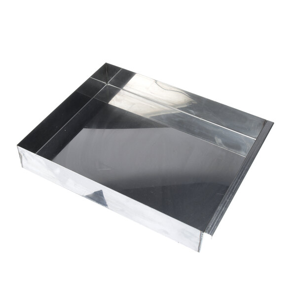 A clear rectangular object with a white background containing a silver tray with a black lid on top.