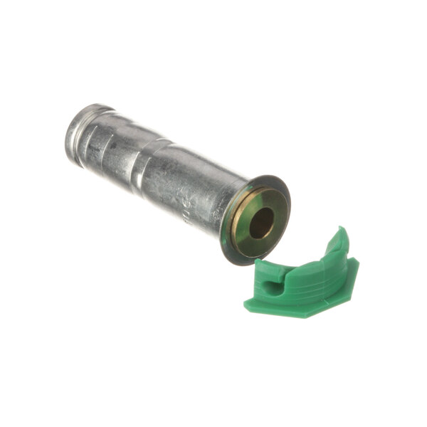 A silver and green metal cylinder with a green plastic cap.