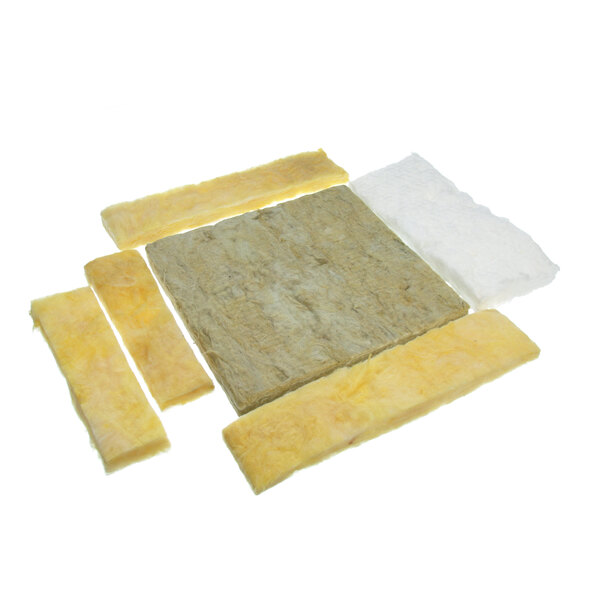 A white and yellow piece of insulation material with a white and brown paper on the bottom.