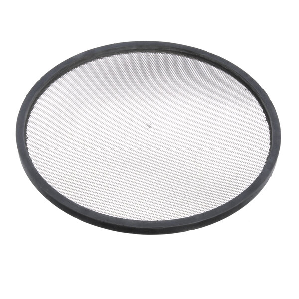 A round metal sieve with a black rim.