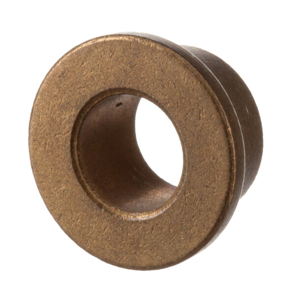 A close-up of a bronze Blakeslee Oilite flange bushing with a hole in the middle.