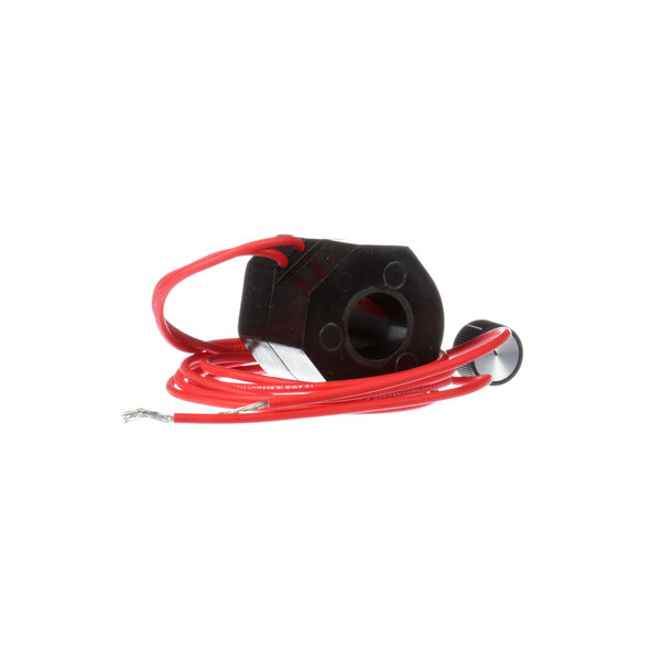 A black device with red wires.