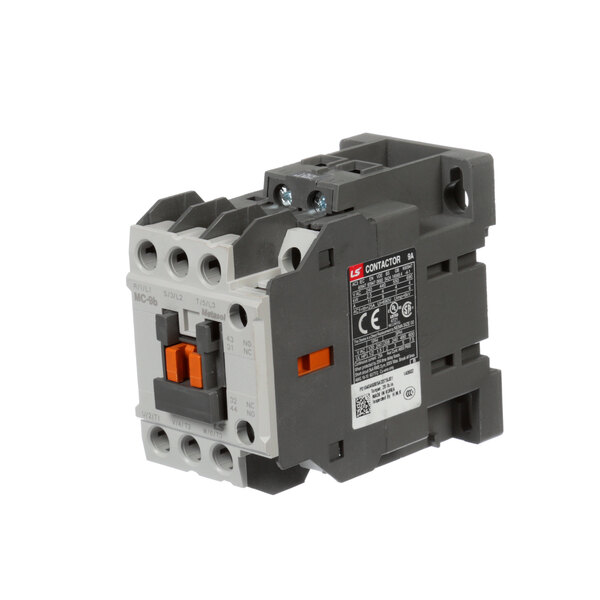 A grey and white Groen E-Stop contactor with a black and orange cover.