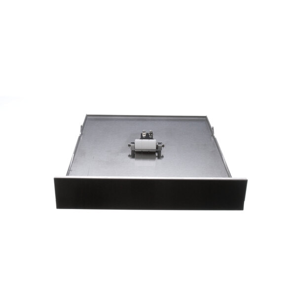 A black metal box with a white rectangular strip on top.