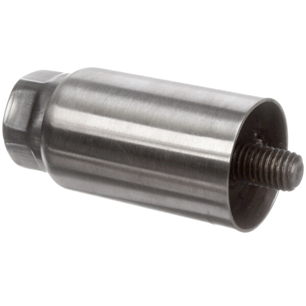 A metal cylinder with a nut on the end.