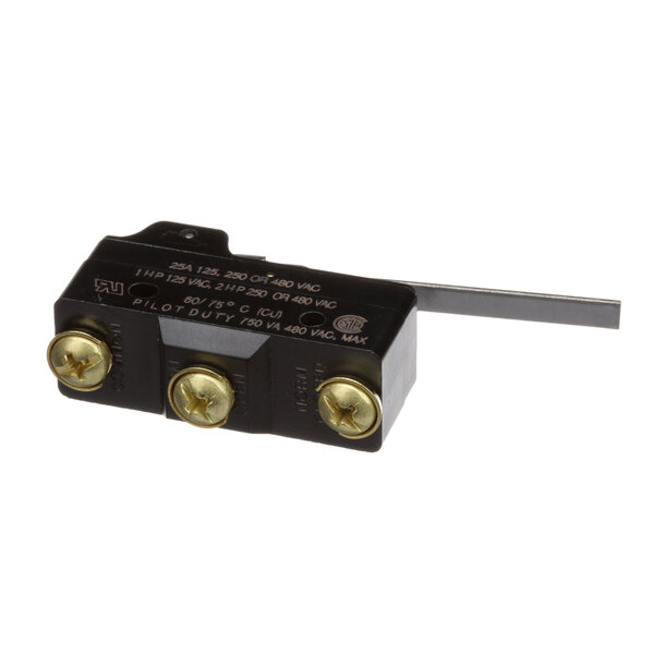 A black electrical Vulcan actuating switch with gold screws.